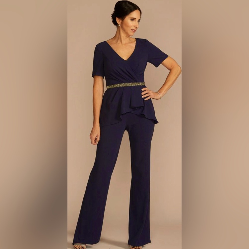 Navy Blue Jumpsuit with Peplum and Embellished Waist Size 12